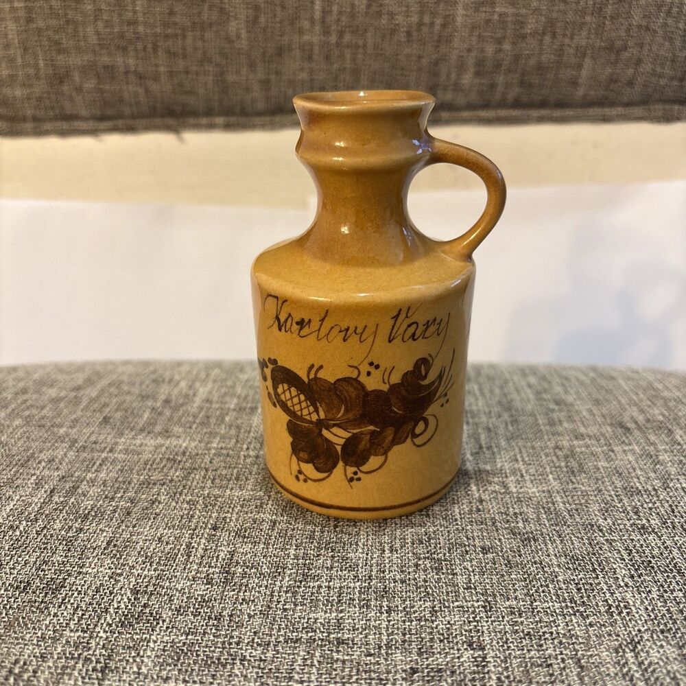 Vintage Karlovy Vary Czech Stoneware Spa Sipping Cup Jug Brown